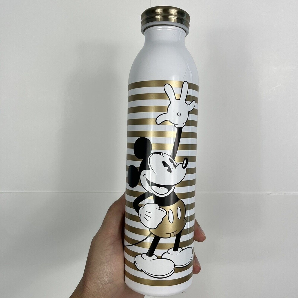 Disney Mickey Mouse & Friends Water Bottle White Gold Stripe Tumbler Collectible